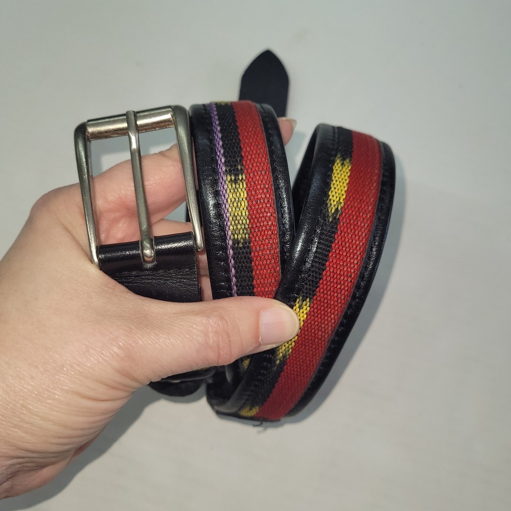 Unbranded‎ Woven Ikat Leather Belt Mens 34-38 Black Red Yellow Silver Buckle